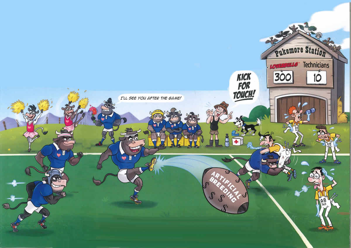 LOVEABULLS® Cartoon - Service Bulls winning rugby game against AB technicians