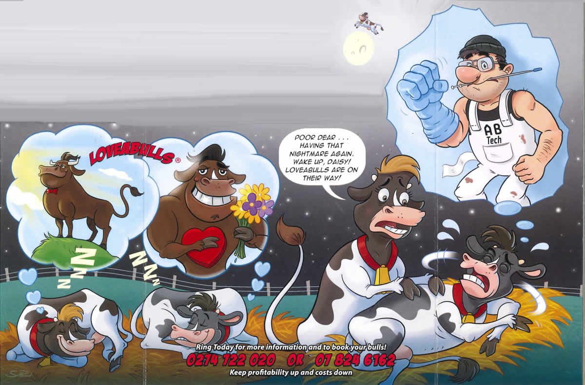 LOVEABULLS® Cartoon - Heifers dreaming of LOVEABULLS Service Bulls and nightmare of AB technician