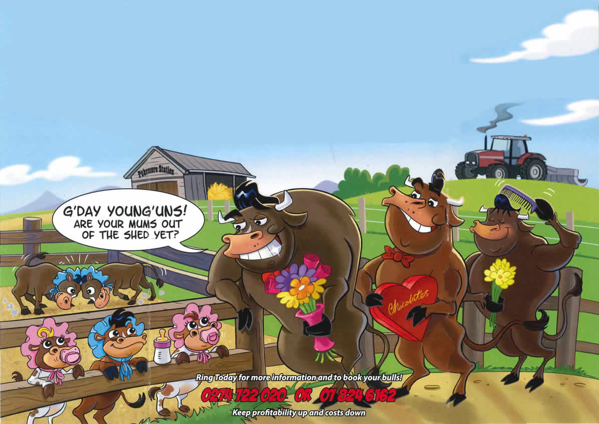 LOVEABULLS® Cartoon - Service Bulls primping for heifers, while talking to baby cows