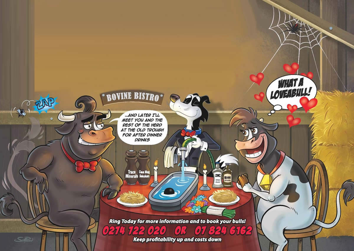 LOVEABULLS® Cartoon - Service Bull fine dining with a heifer